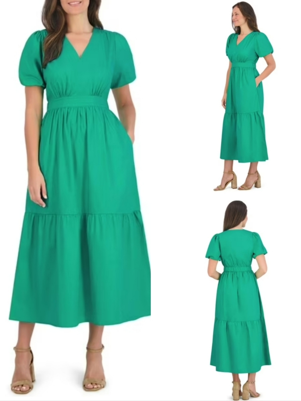14/16 French Connection Poplin V-Neck Maxi Dress, 100% Cotton, Pockets, Green